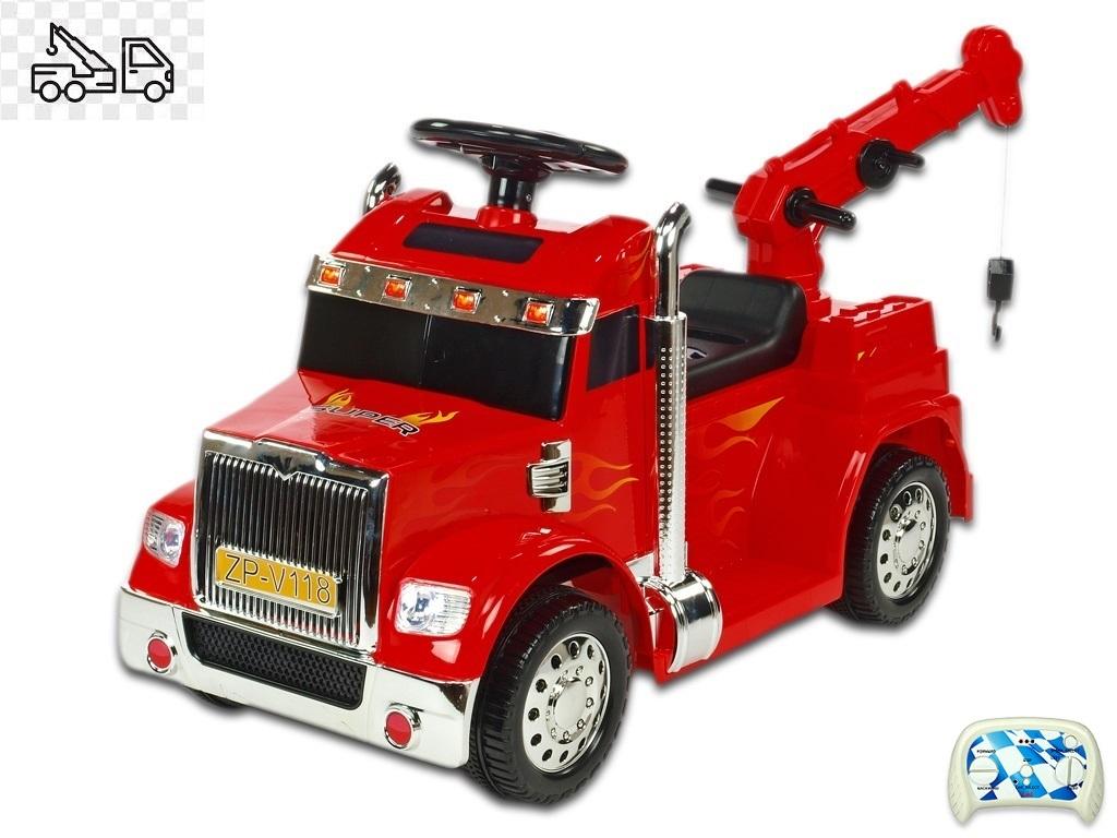 Elektrický náklaďáček s funkčním jeřábem, červený