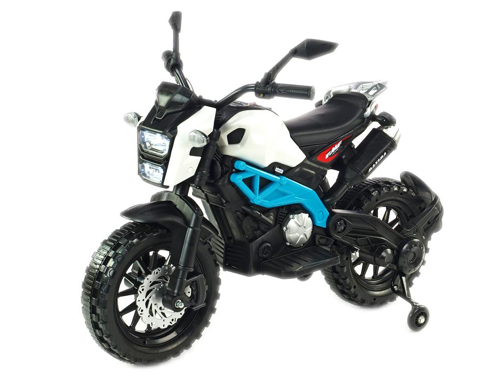 Dětská elektrická motorka terénní Lion, bílo-modrá
