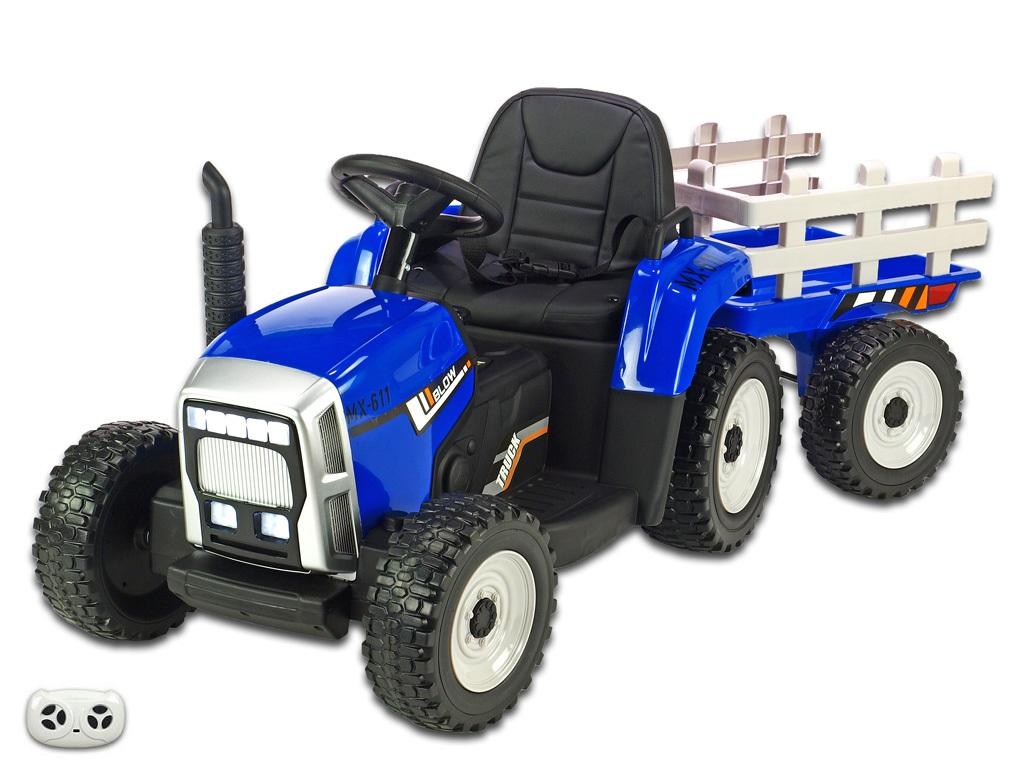 Dětský elektrický traktor s vlekem, modrý