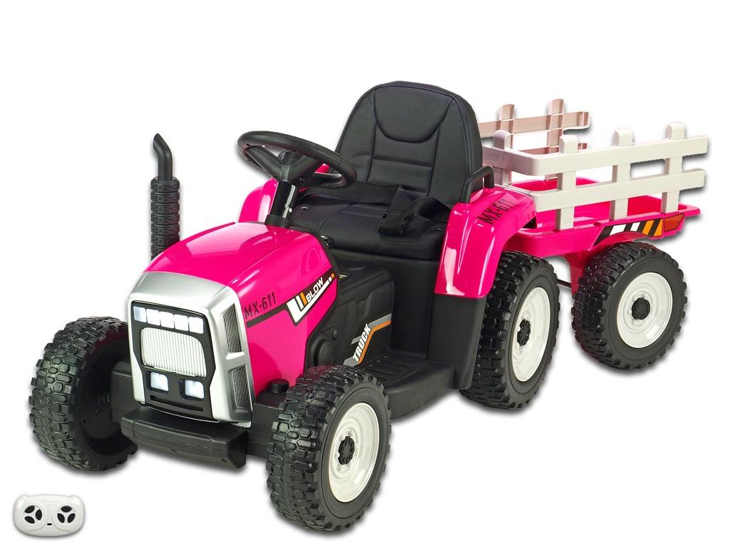 Dětský elektrický traktor s vlekem, růžový