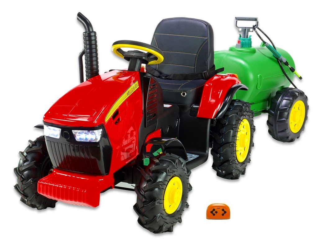 Dětský elektrický Traktor Hello s cisternovým vlekem a stříkačkou, červený