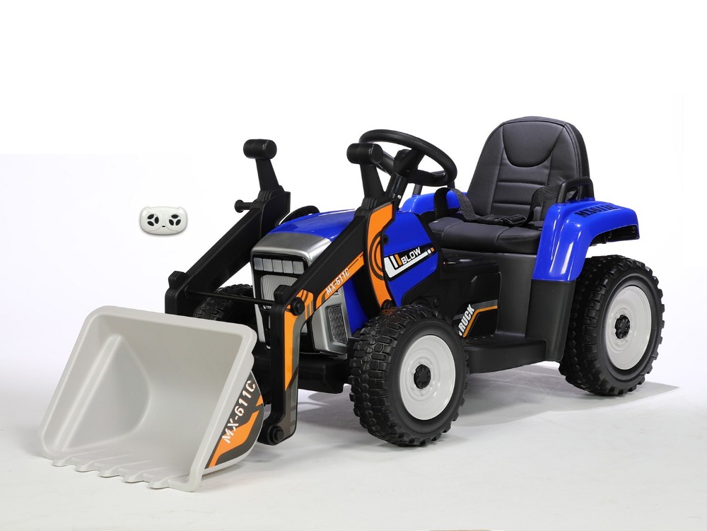 Dětský elektrický traktor s funkční nakládací lžící, modrý