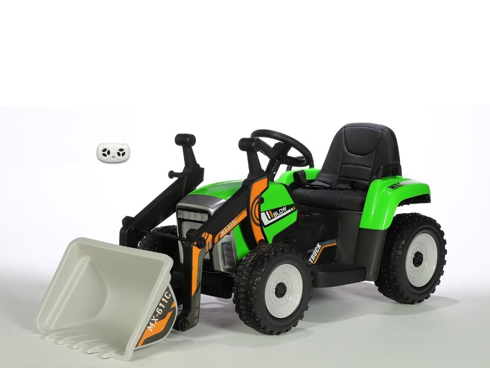 Dětský elektrický traktor s funkční nakládací lžící, zelený