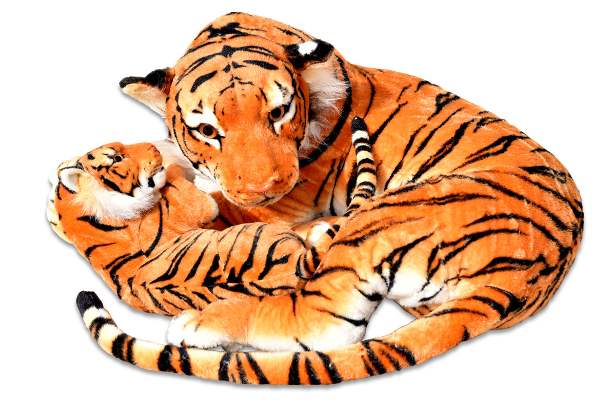 Plyšová tygřice s mládětem, oranžová, délka 140/65 cm 