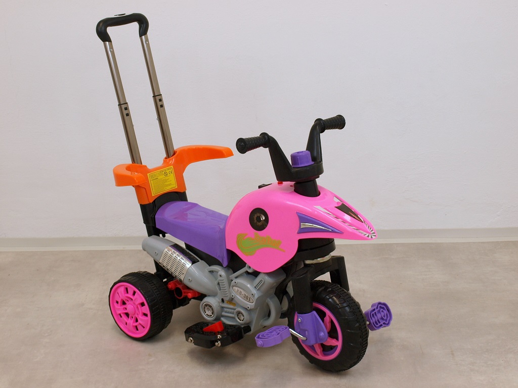 Elektrická motorová tříkolka s vodící tyčí, šlapkami, růžová 