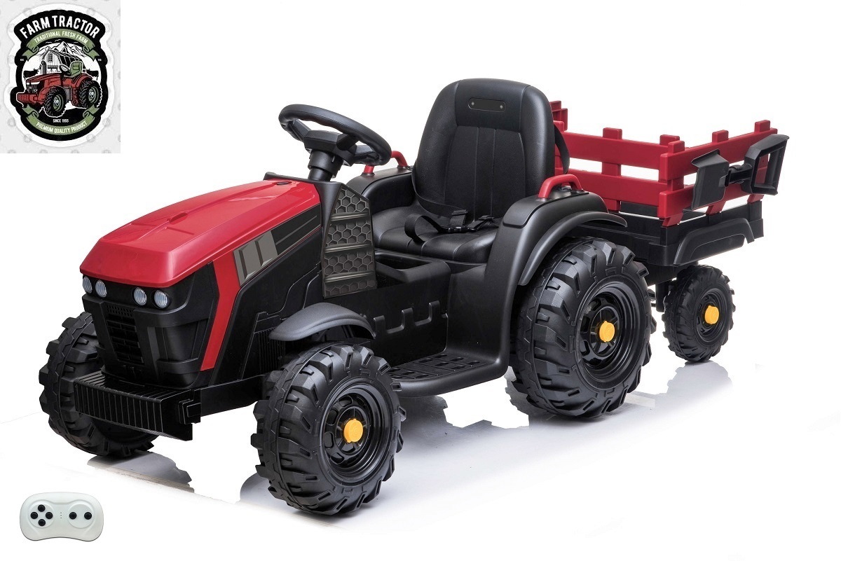 Dětský elektrický Farmářský traktor s vlekem, červený
