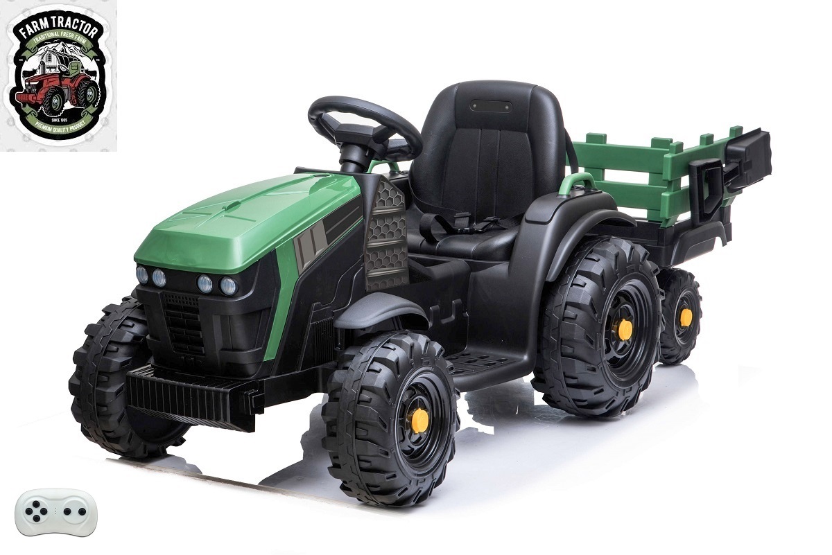 Dětský elektrický Farmářský traktor s vlekem, zelený