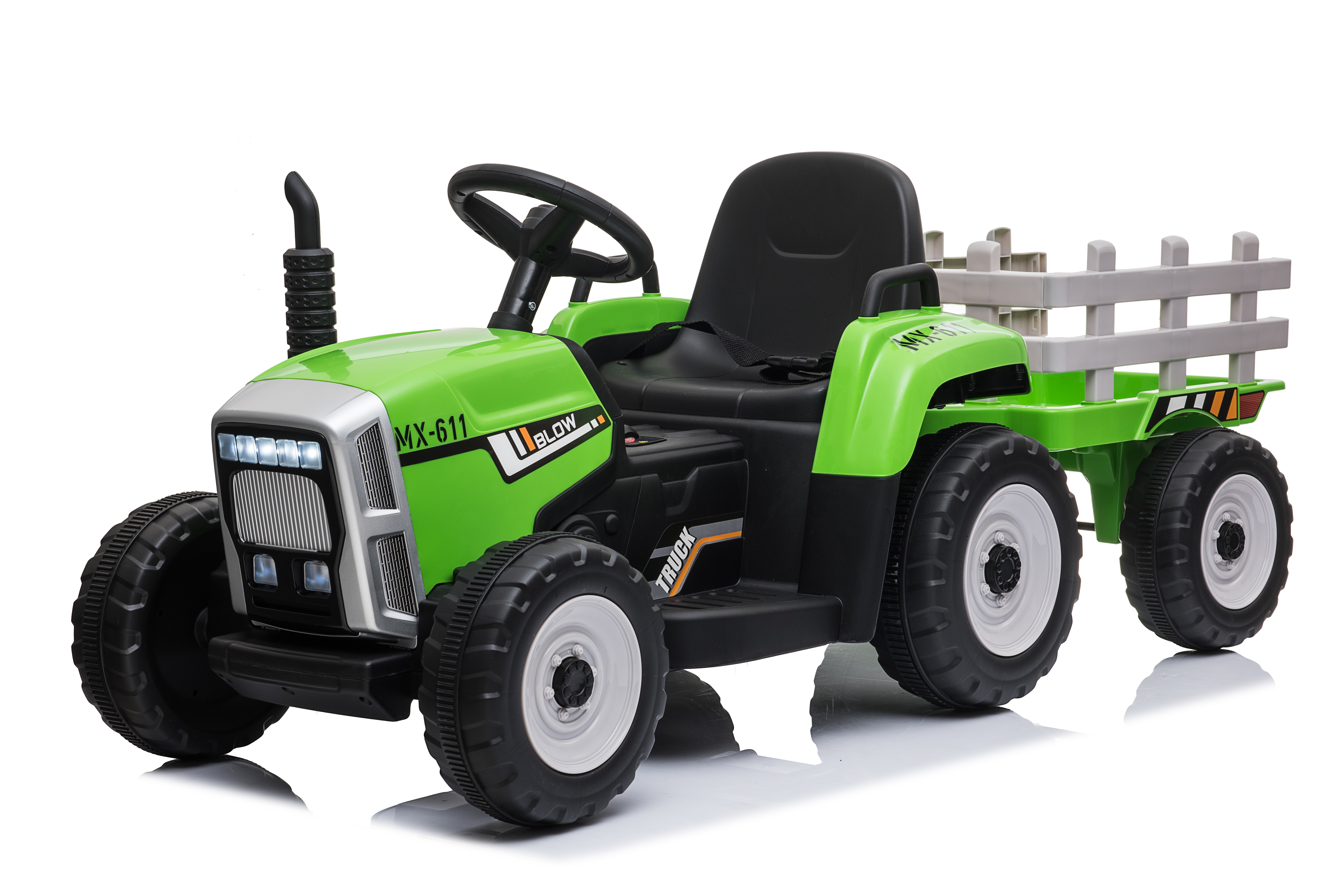 Dětský elektrický traktor s vlekem, zelený